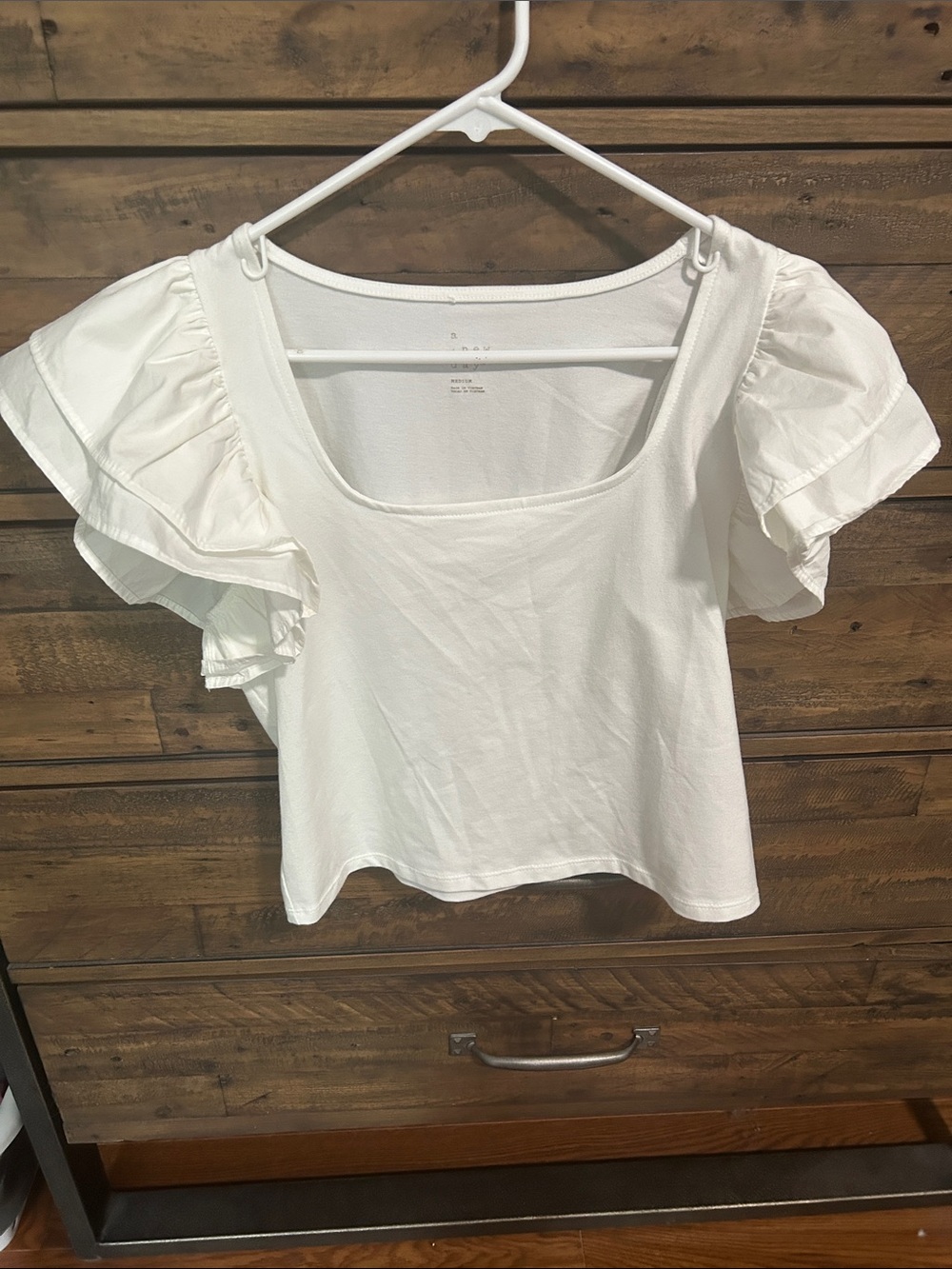 a new day White Square Neck Ruffle Sleeve Crop Top. Casual.